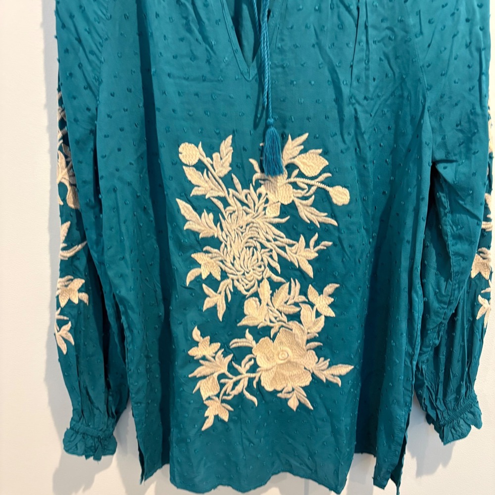 Solitaire Teal Swiss Dot Embroidered Peasant Blouse Boho Tassel Tunic Top Small - Picture 6 of 13